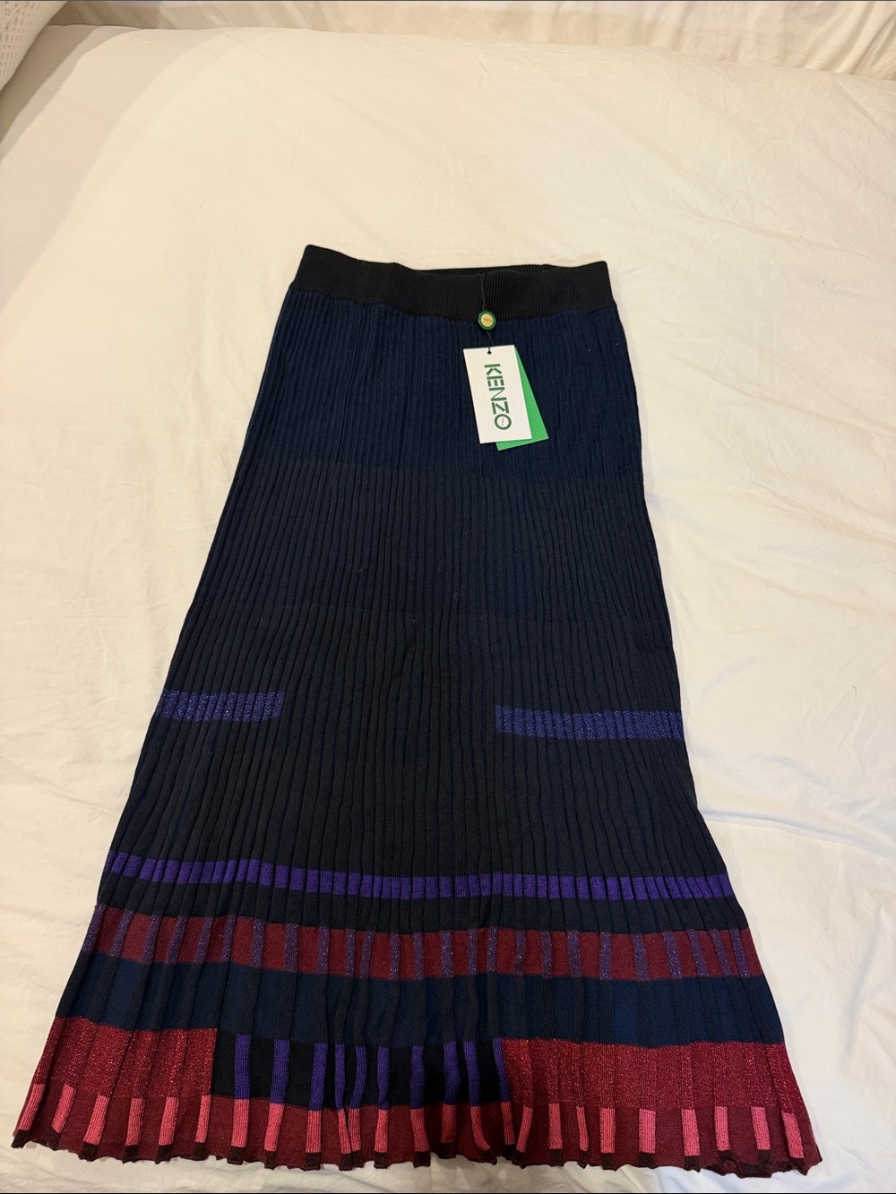 Kenzo Navy Midi Skirt with Purple and Burgundy Stripes